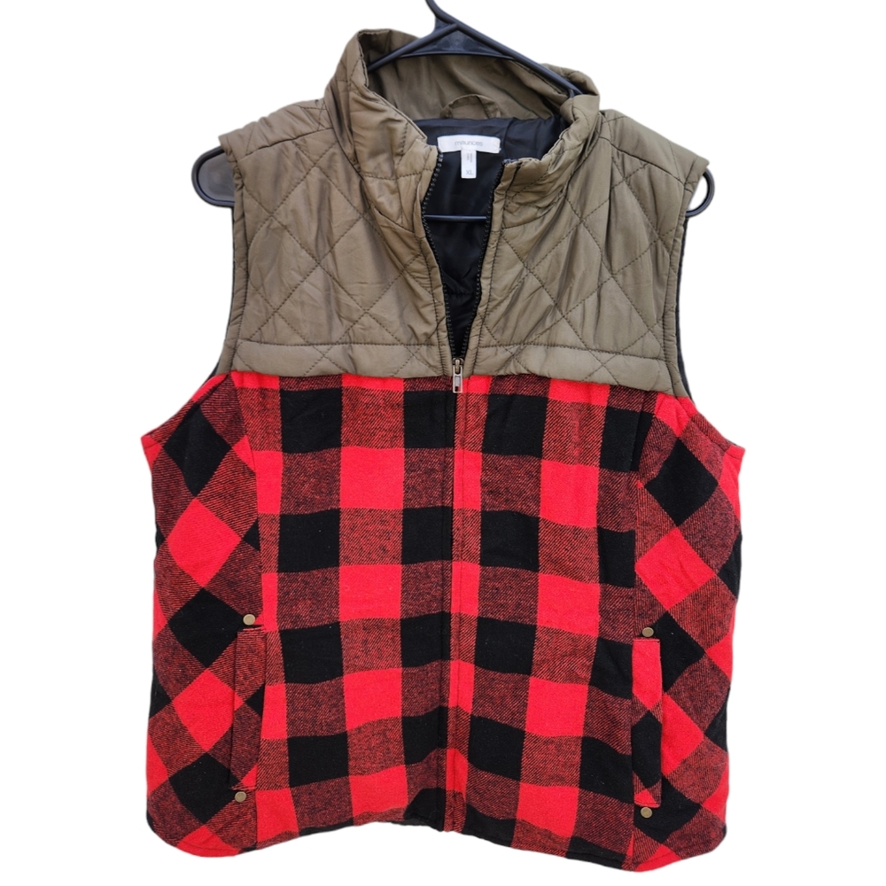 Maurices Quilted Olive & Red Black Buffalo Plaid Puffer Vest